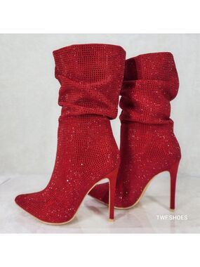Resolve Sparkling Red Rhinestone High Heel Slouch Calf Boots New Years Bling